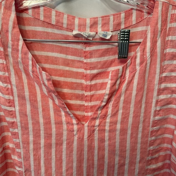 Sigrid Olsen 100% Linen Shift Dress Womens M Coral White Stripe Pockets Boho - Picture 2 of 8